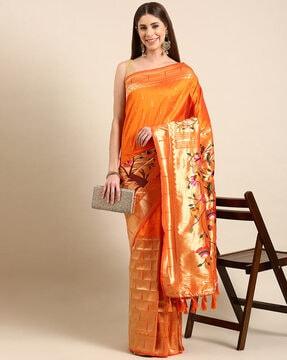 floral print silk saree with tassels