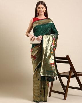 floral print silk saree with tassels