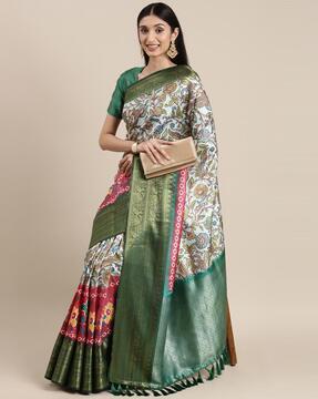 floral print silk saree with tassels