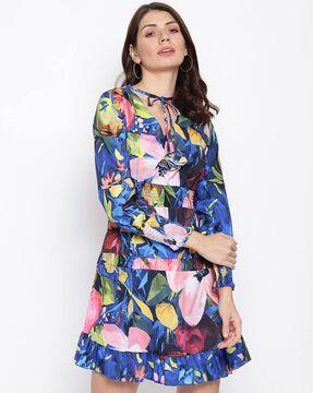 floral print skater dress with neck tie-up