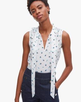 floral print sleeveless blouse with neck tie-up