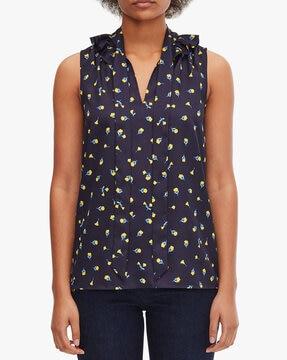 floral print sleeveless blouse with neck tie-up