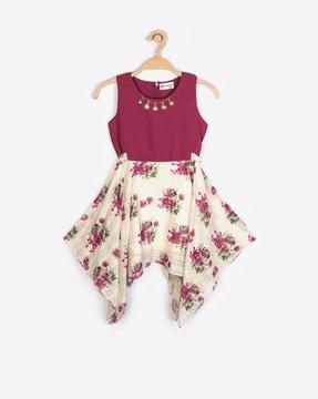 floral print sleeveless fit & flare dress with dipped hemline