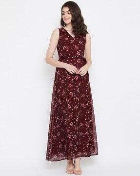 floral print sleeveless gown dress