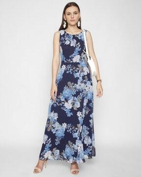 floral print sleeveless gown dress