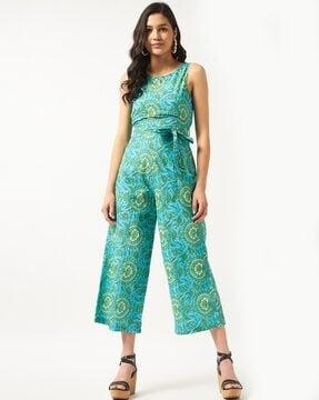 floral print sleeveless jumpsuit with tie-up