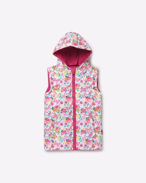 floral print sleeveless zip-front hooded jacket