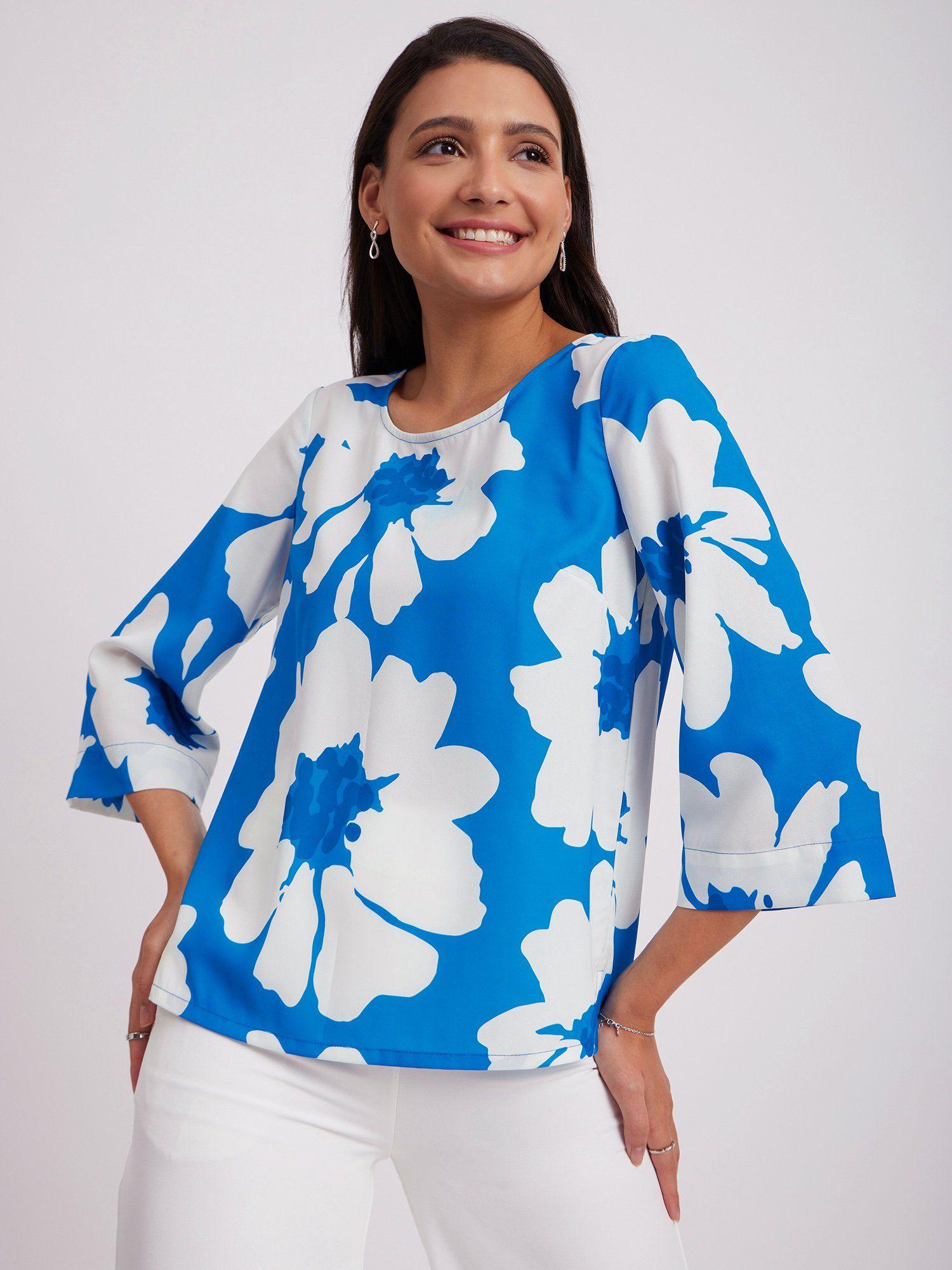 floral print sleeves top blue