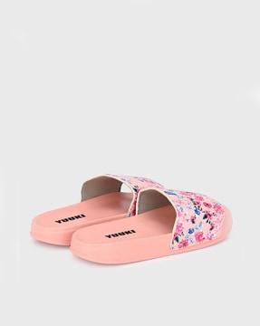 floral print slides with brand name