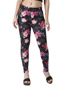 floral print slim fit flat-front pants