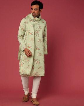 floral print slim fit kurta with churidar pants & dupatta