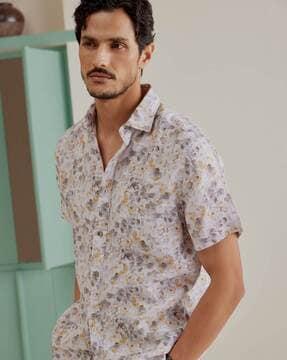 floral print slim fit linen shirt with patch pocket