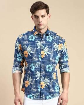 floral print slim fit shirt with spread collar