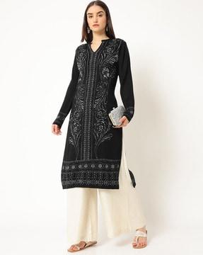 floral print slim straight kurta with notched neckline