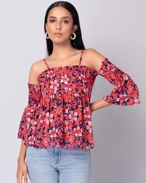 floral print smocked cold shoulder top