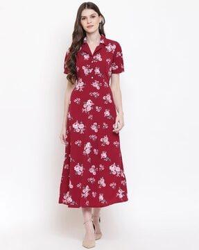 floral print spread collar gown dress