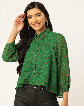 floral print spread-collar shirt