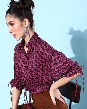 floral print spread-collar top