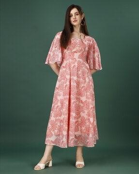 floral print square-neck fit & flare dress