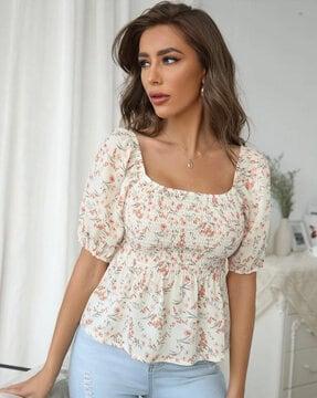 floral print square-neck peplum top