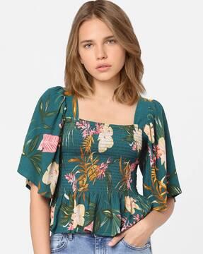 floral print square-neck smocked top