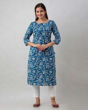 floral print square-neck straight kurta