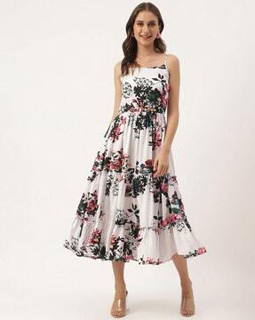 floral print square-neck tiered dress
