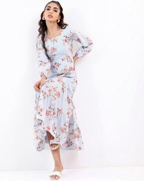 floral print square-neck tiered dress