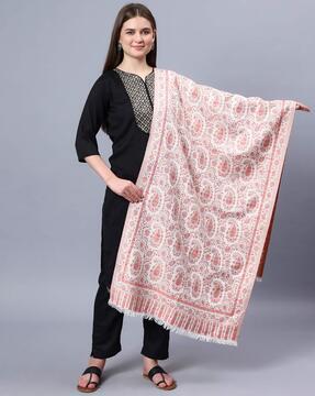 floral print stole with fringed border