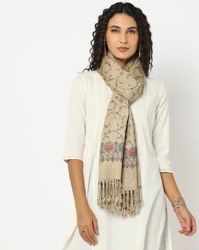 floral print stole with tassels