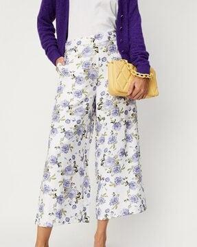floral print straight fit flat front pants with insert pockets