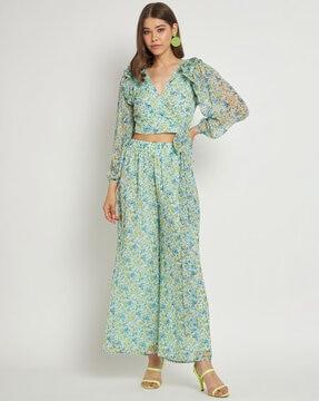 floral print straight fit palazzos with elasticated waistband