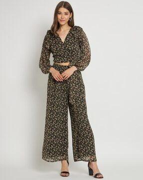 floral print straight fit palazzos with elasticated waistband