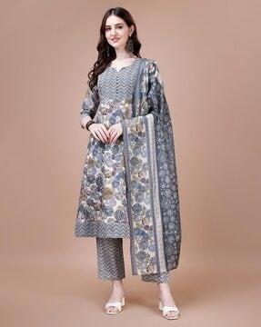 floral print straight kurta & palazzos with dupatta set