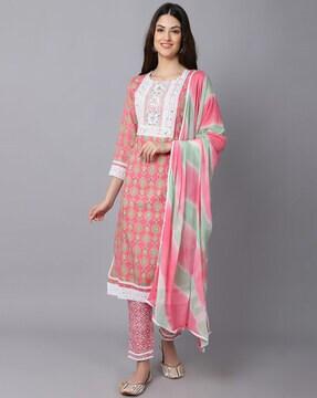 floral print straight kurta & pants set with dupatta