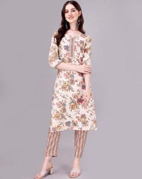 floral print straight kurta & pants set