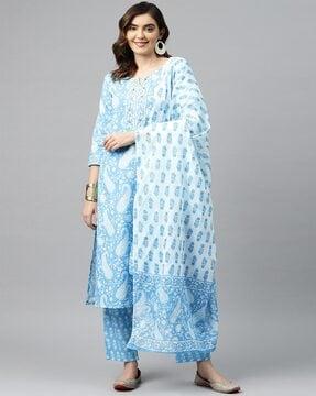 floral print straight kurta & pants with dupatta set