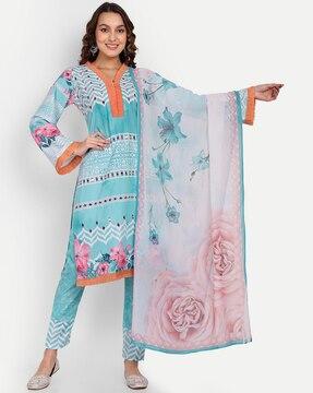 floral print straight kurta & pants with dupatta set