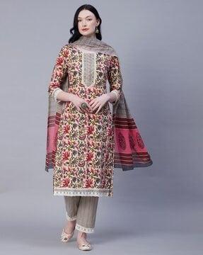 floral print straight kurta & pants with dupatta set
