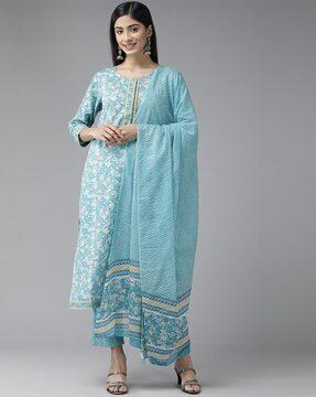 floral print straight kurta & pants with dupatta