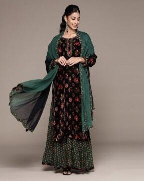 floral print straight kurta & sahara set with dupatta