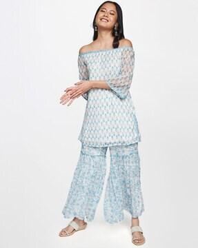 floral print straight kurta & sharara set