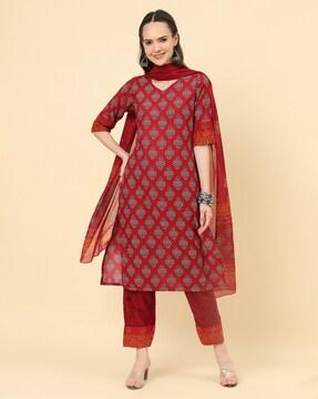 floral print straight kurta pants set with dupatta