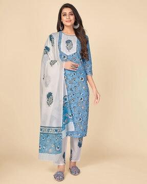 floral print straight kurta set with dupatta 