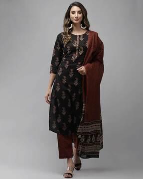 floral print straight kurta set with dupatta