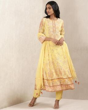 floral print straight kurta set with dupatta