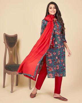 floral print straight kurta set with dupatta