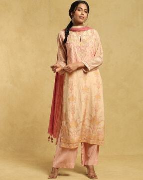 floral print straight kurta set with dupatta