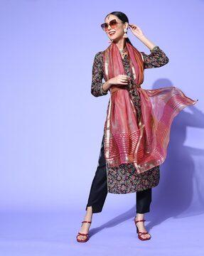 floral print straight kurta set with dupatta