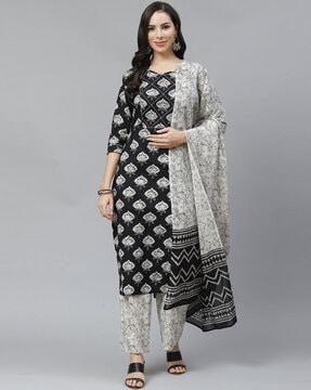 floral print straight kurta set with dupatta